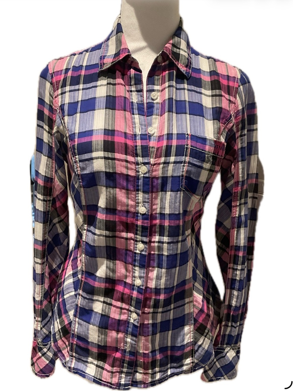 *Guess* Plaid Button-Down Shirt with adjustable sleeves .
